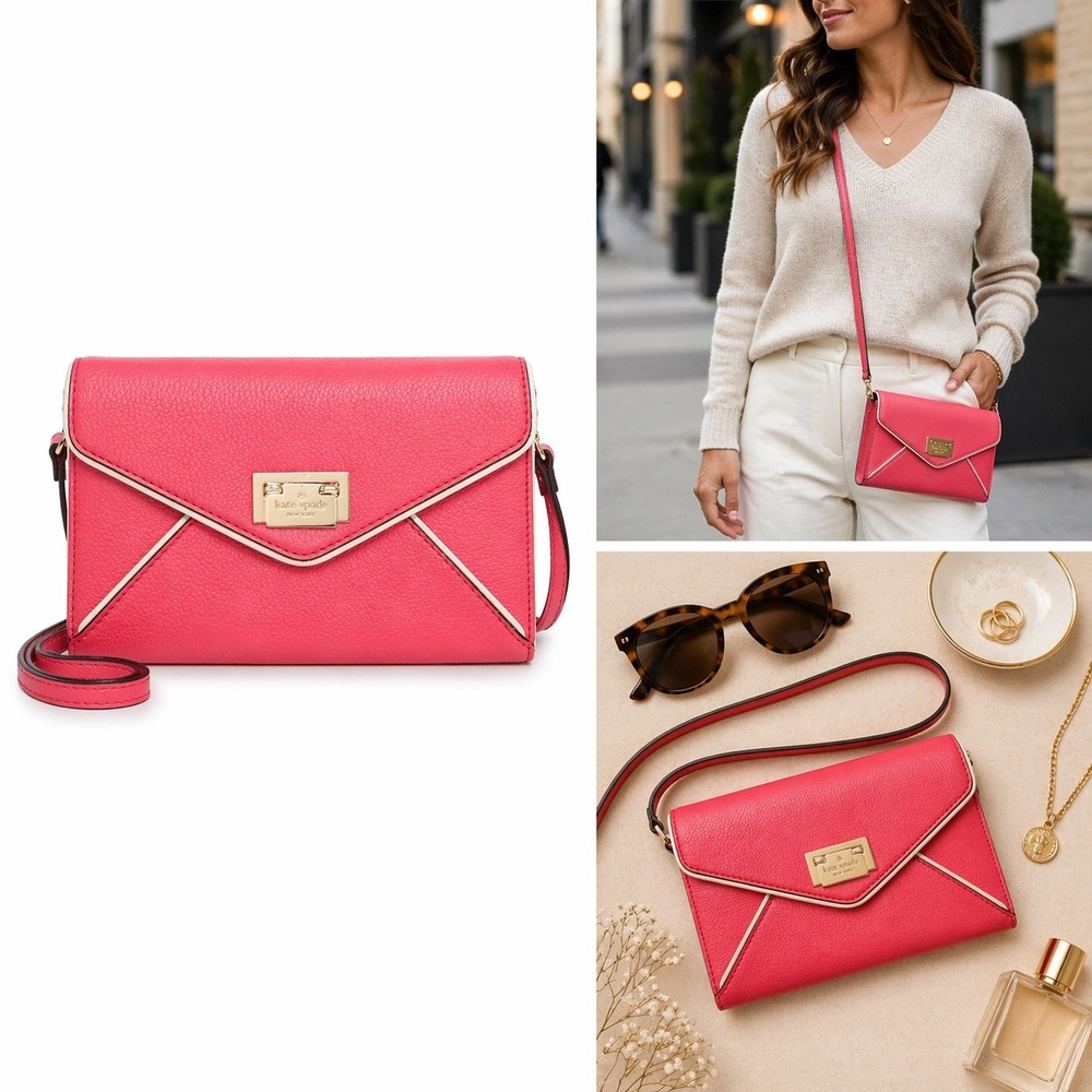 Kate Spade Crossbody Wallet Clutch Pink Leather Envelope Bag Gold Logo
